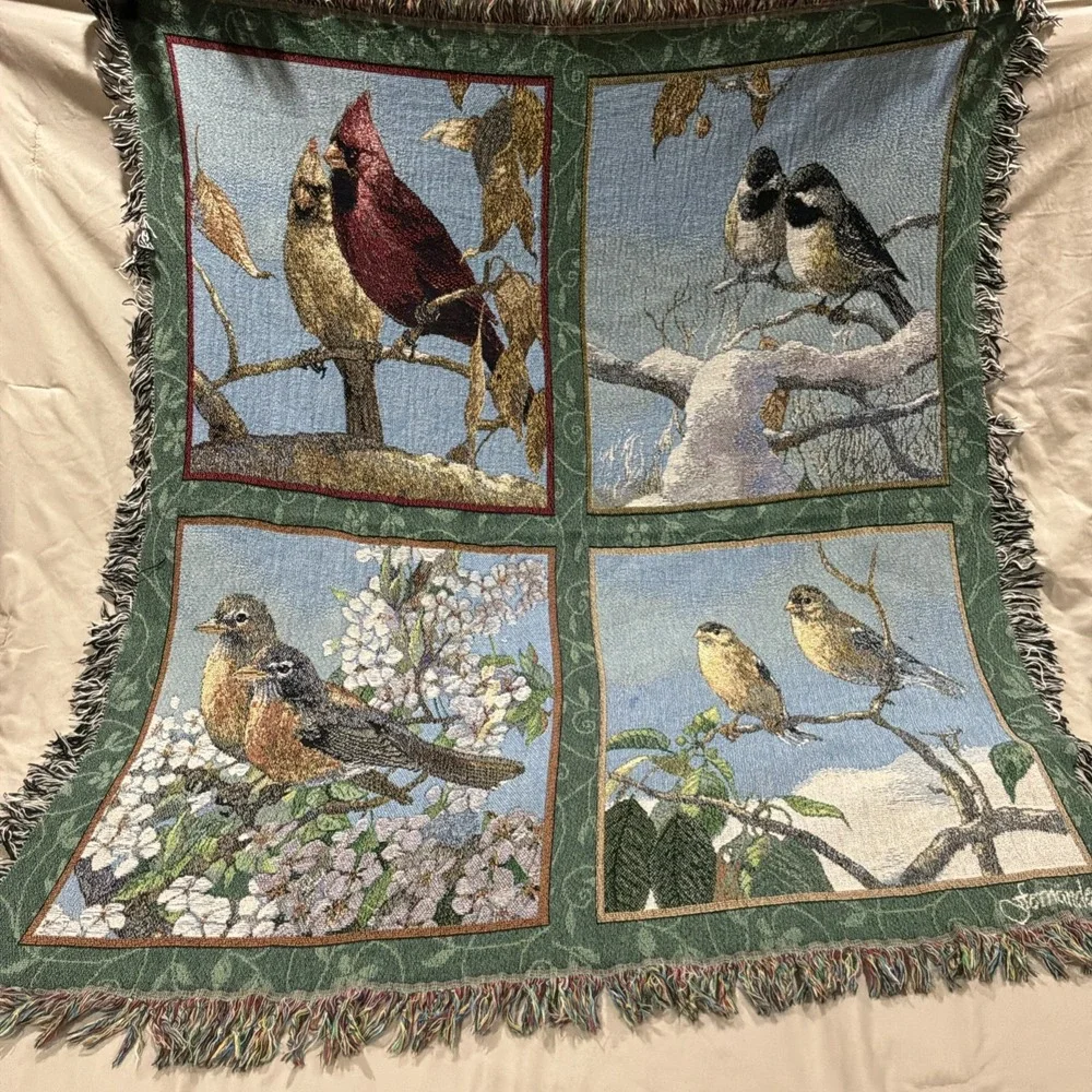 Blanket‎ Throw Song Bird Tapestry Fringe Cardinal Robin Chickadee Finch Seasons